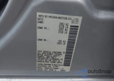 2022 Nissan Altima Sv Fwd из США, поврежденный, VIN 1N4BL4DV4NN336764